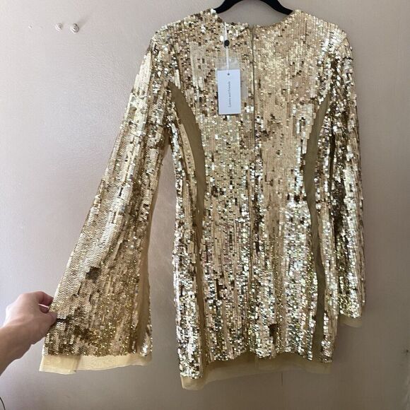 Lovers And Friends Lux Dress Gold Sequin Cocktail Mini Sheer Panel Revolve Sz XS - Picture 14 of 15